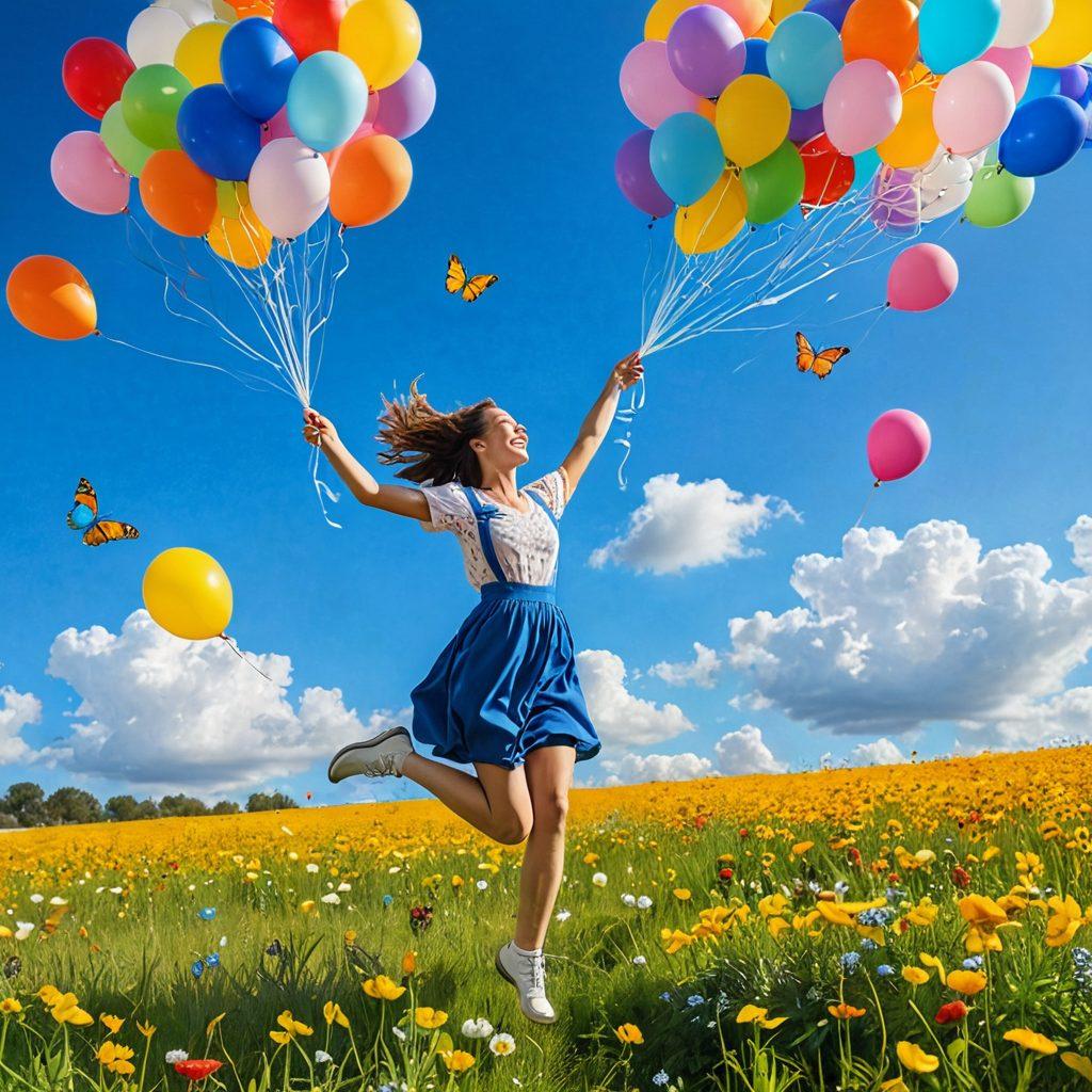 A whimsical scene of a person joyfully jumping in a sunlit meadow, surrounded by colorful balloons and butterflies, symbolizing freedom and happiness. The background features a bright blue sky with fluffy clouds. The expression on the person's face radiates pure exuberance. Soft, vibrant colors enhance the playful atmosphere. illustration, vibrant colors, cheerful style.