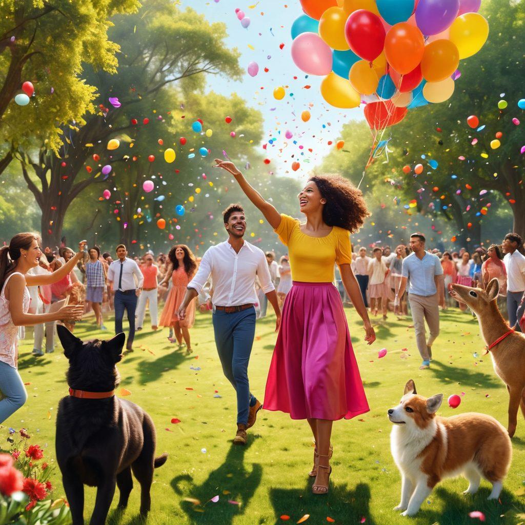 A vibrant scene featuring a diverse group of people joyfully expressing themselves, with balloons and confetti in a sunny park. In the center, a person named Titi radiates warmth and cheerfulness, surrounded by colorful flowers and playful animals. The scene captures energy and positivity, encouraging viewers to embrace their inner joy. Use bright and lively colors to evoke happiness. super-realistic. vibrant colors.