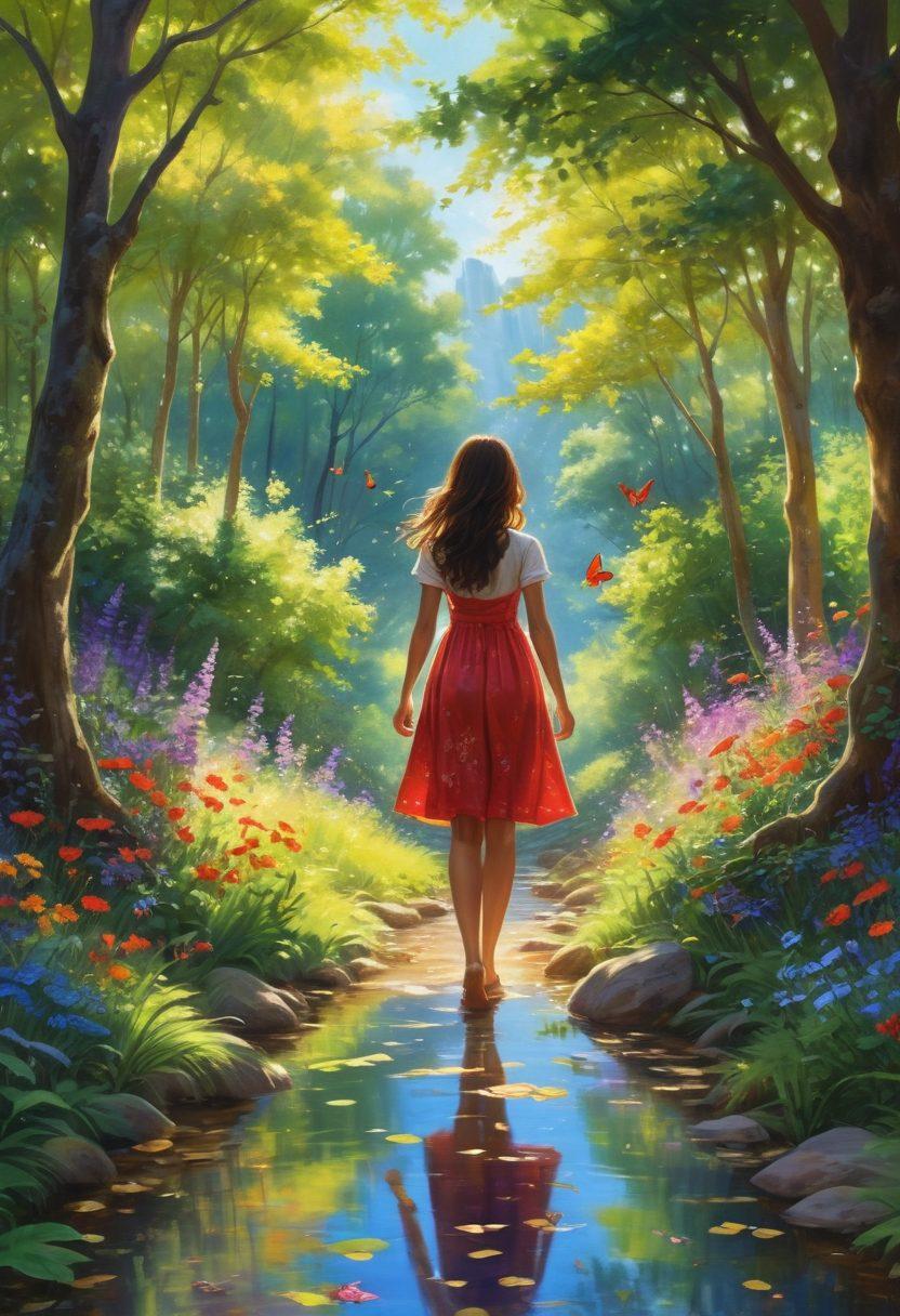 A serene landscape filled with colorful blooming flowers under a bright blue sky, depicting a joyful character named Titi surrounded by butterflies and a gentle stream, radiating happiness. The scene embodies warmth and positivity, with soft sunlight filtering through the trees, creating a peaceful atmosphere. whimsical and cheerful. vibrant colors. super-realistic.